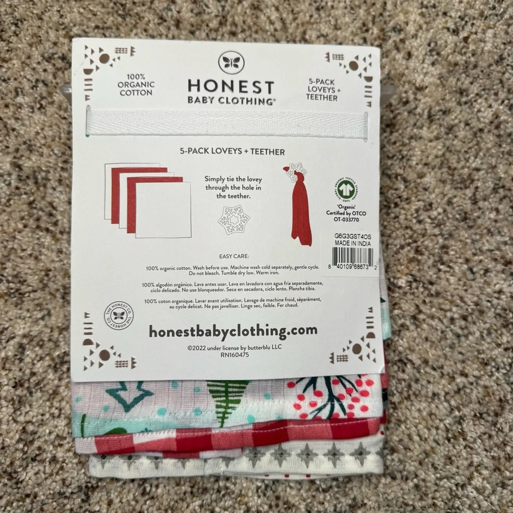 Honest Baby Organic Cotton Lovey Cloths & Teether Set - 5 pcs‎ NEW